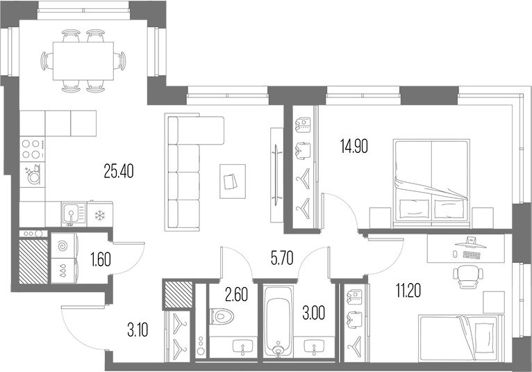 Планировка — Легенда на Охте, 3-комн., 68 м²