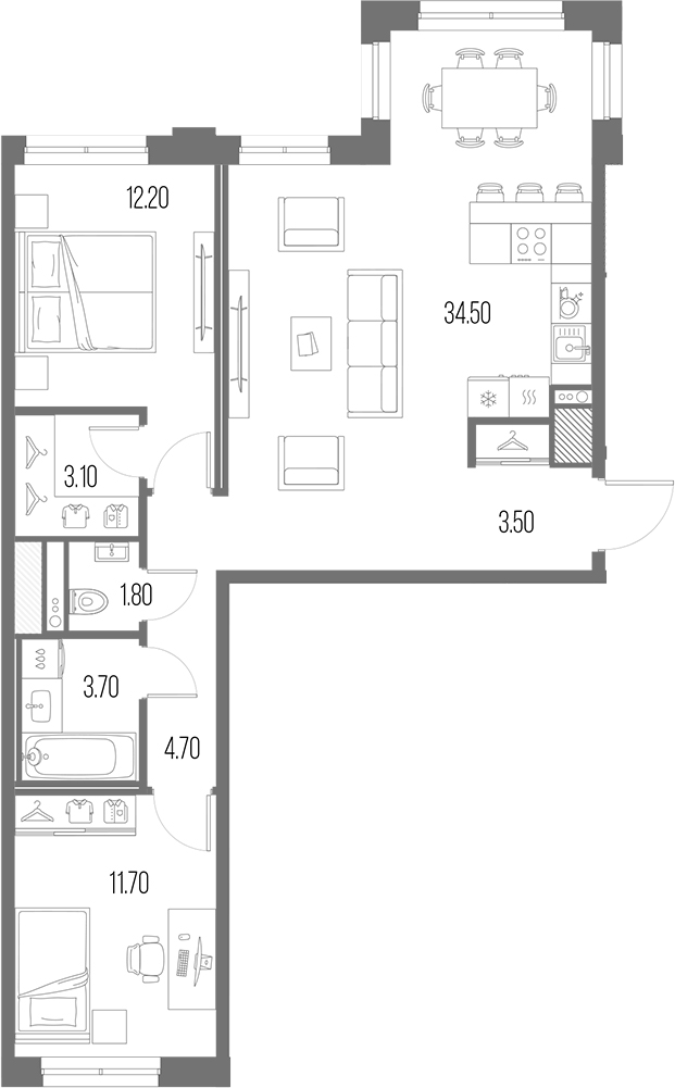 Планировка — Легенда на Охте, 3-комн., 75 м²