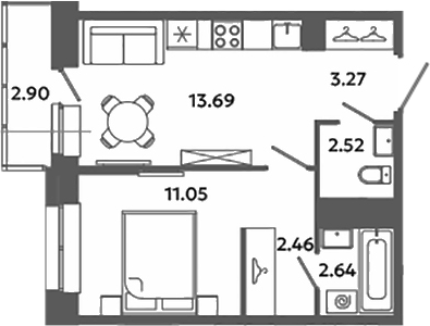 Планировка — Загляденье, 1-комн., 36 м²