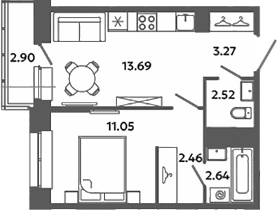Планировка — Загляденье, 1-комн., 36 м²