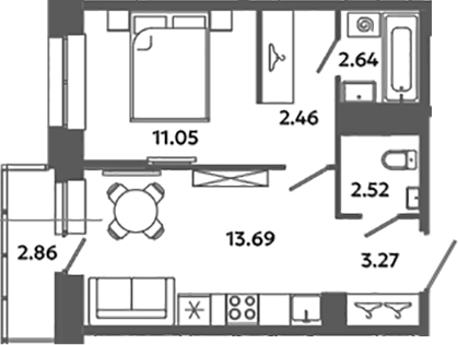 Планировка — Загляденье, 1-комн., 36 м²