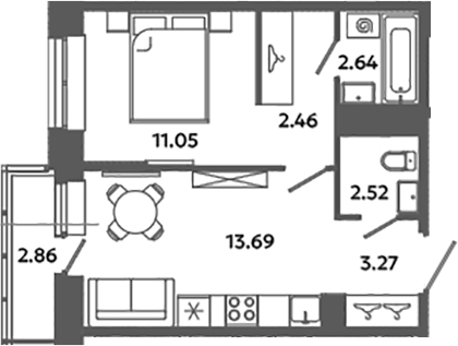Планировка — Загляденье, 1-комн., 36 м²