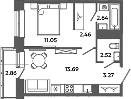 Планировка — Загляденье, 1-комн., 36 м²