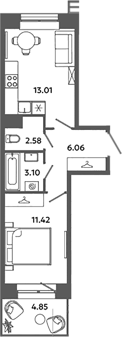 Планировка — Загляденье, 1-комн., 36 м²