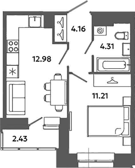 Планировка — Загляденье, 1-комн., 33 м²