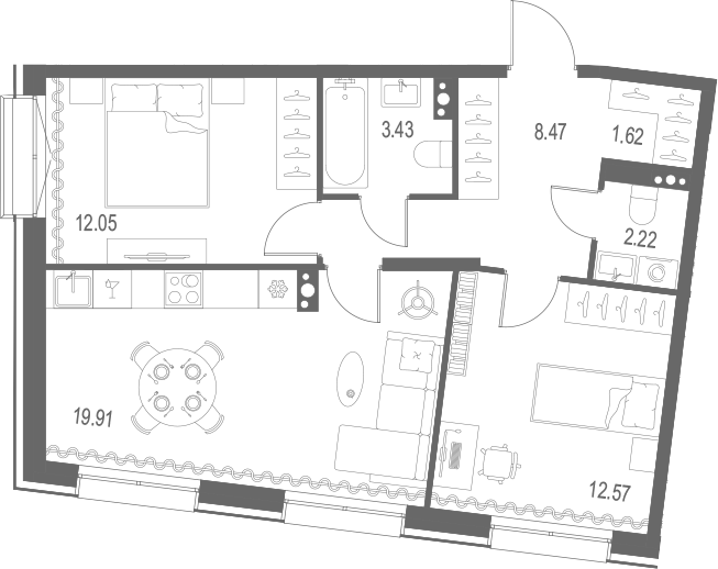 Планировка — Остров Первых, 3-комн., 60 м²