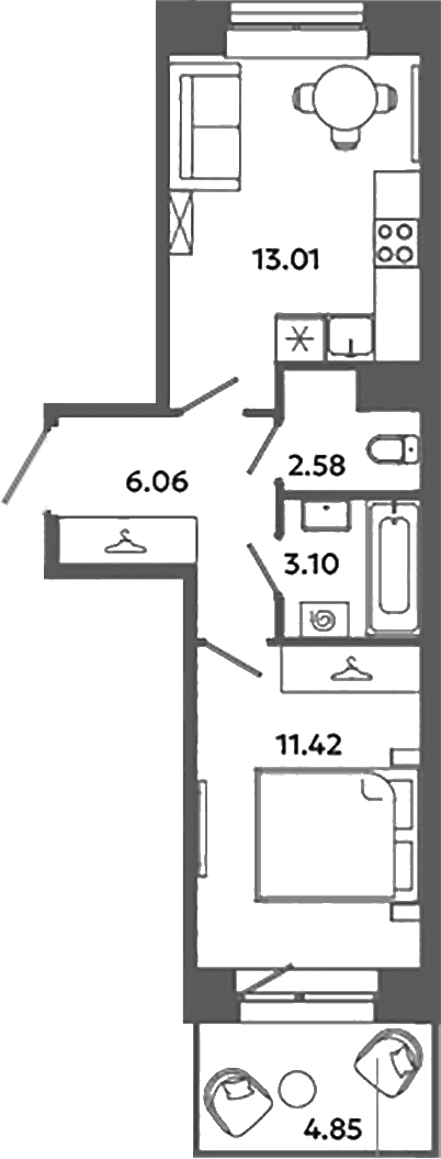 Планировка — Загляденье, 1-комн., 36 м²