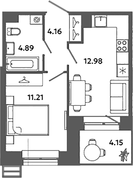 Планировка — Загляденье, 1-комн., 33 м²
