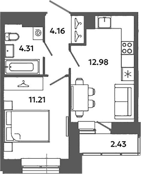 Планировка — Загляденье, 1-комн., 33 м²