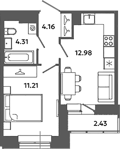 Планировка — Загляденье, 1-комн., 33 м²