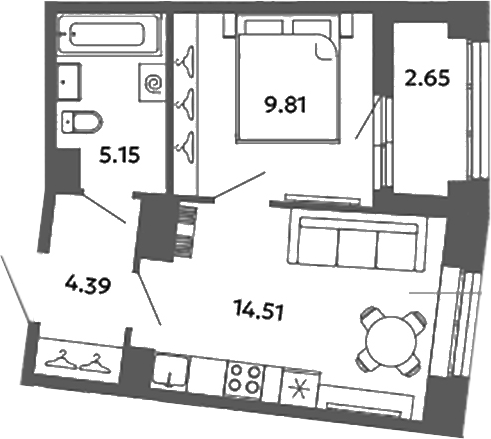Планировка — Загляденье, 1-комн., 34 м²