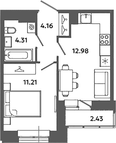 Планировка — Загляденье, 1-комн., 33 м²