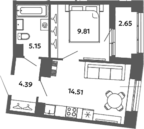 Планировка — Загляденье, 1-комн., 34 м²