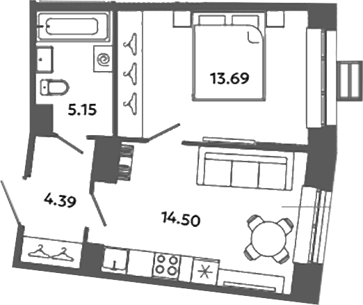 Планировка — Загляденье, 1-комн., 38 м²
