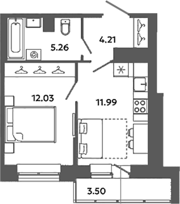 Планировка — Загляденье, 1-комн., 33 м²