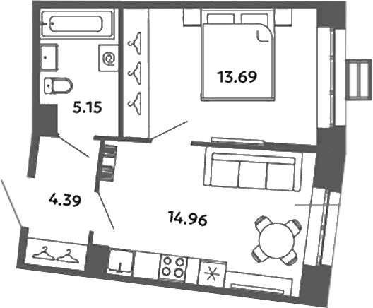 Планировка — Загляденье, 1-комн., 38 м²