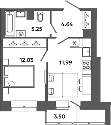 Планировка — Загляденье, 1-комн., 34 м²