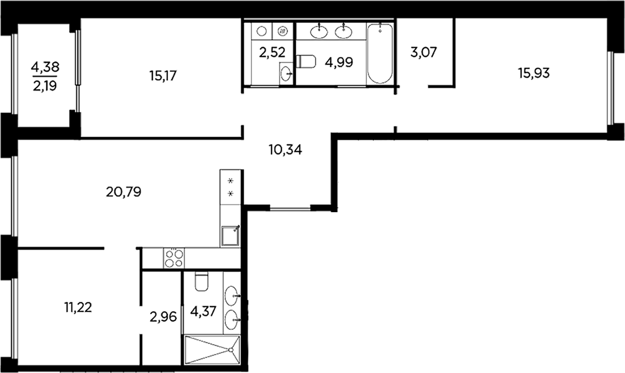 Планировка — Акватория, 4-комн., 91 м²