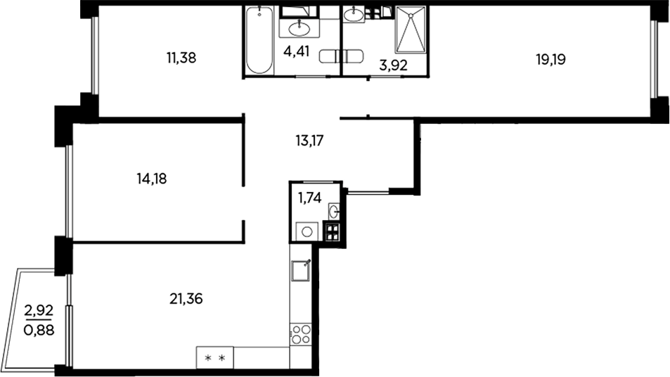 Планировка — Акватория, 4-комн., 89 м²