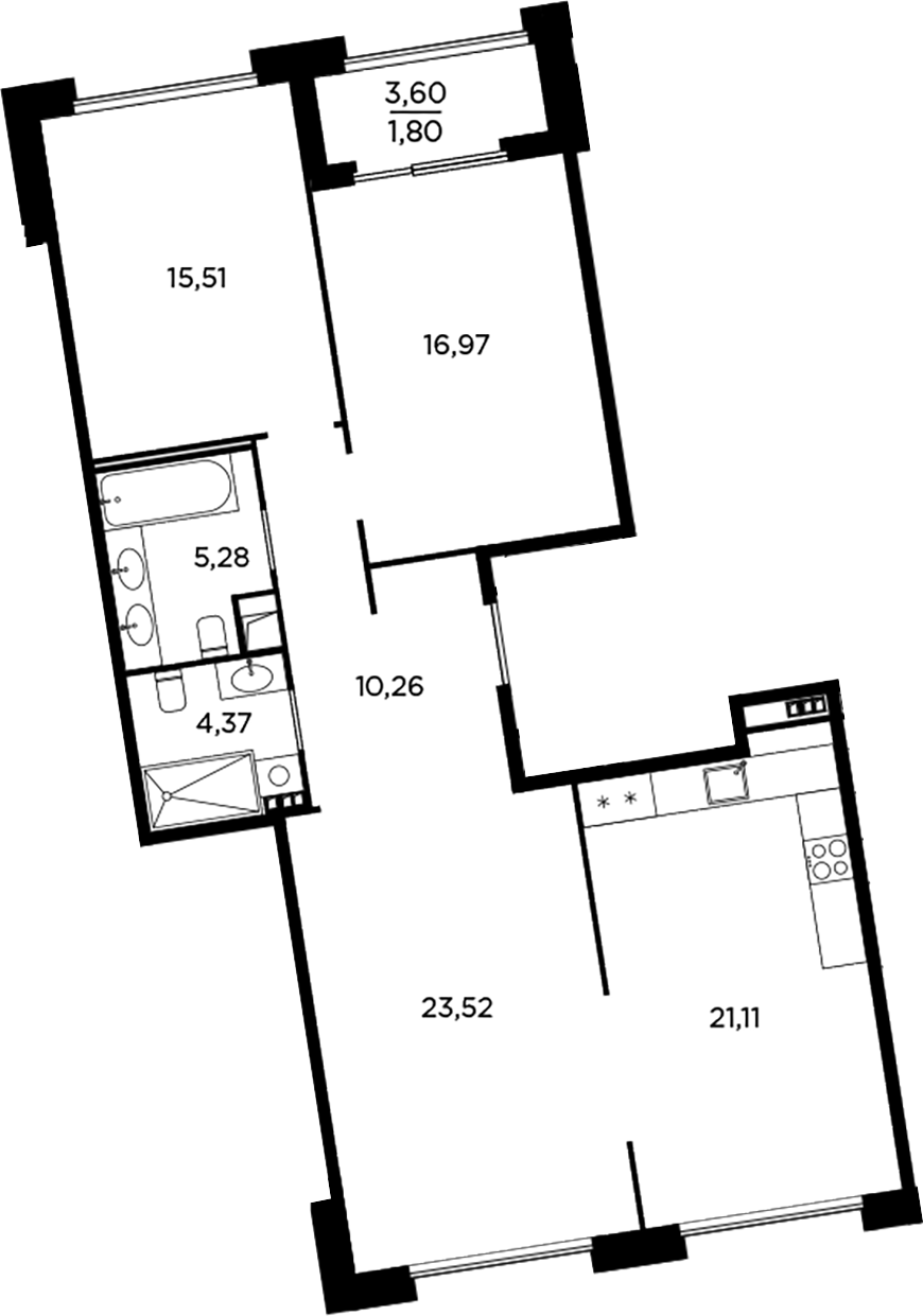 Планировка — Акватория, 4-комн., 97 м²