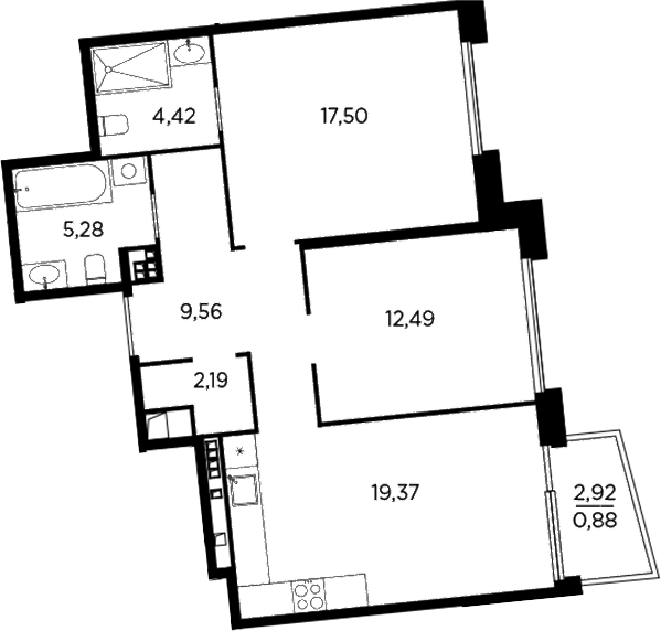 Планировка — Акватория, 3-комн., 71 м²