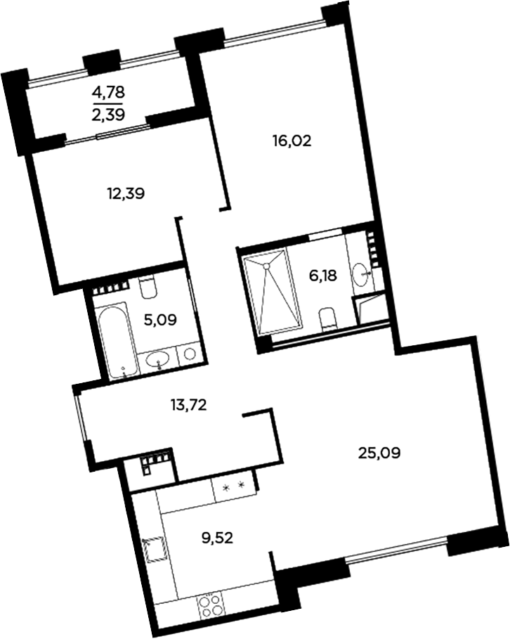 Планировка — Акватория, 3-комн., 88 м²
