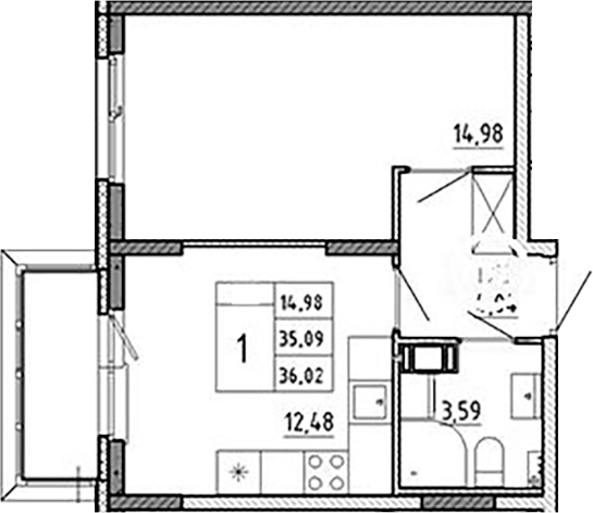 Планировка — Аннино Сити, 1-комн., 35 м²