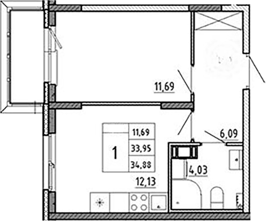 Планировка — Аннино Сити, 1-комн., 34 м²