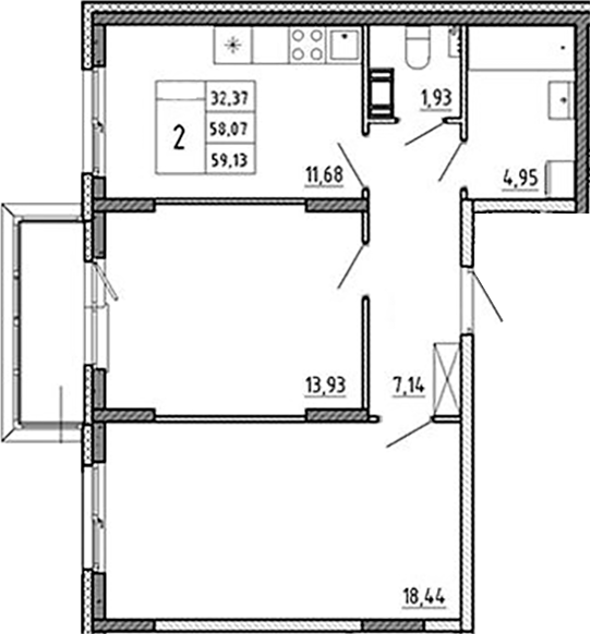 Планировка — Аннино Сити, 2-комн., 58 м²
