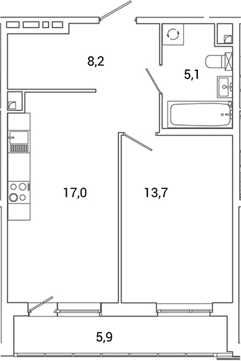 Планировка — Окла Вижн, 2-комн., 44 м²