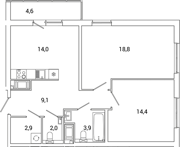 Планировка — Окла Вижн, 2-комн., 65 м²