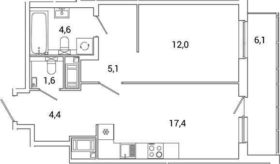 Планировка — Окла Вижн, 2-комн., 45 м²