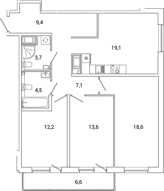 Планировка — Окла Вижн, 4-комн., 88 м²