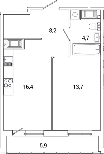 Планировка — Окла Вижн, 2-комн., 43 м²