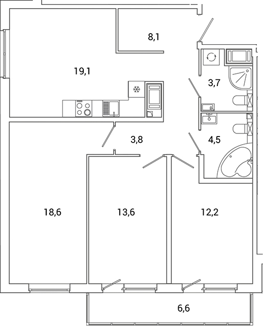 Планировка — Окла Вижн, 4-комн., 83 м²