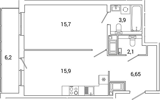 Планировка — Окла Вижн, 2-комн., 44 м²