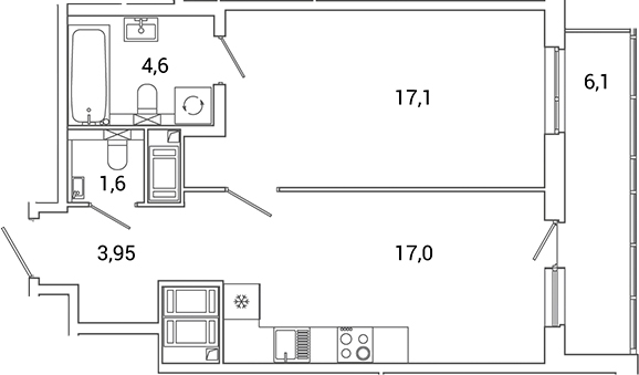 Планировка — Окла Вижн, 2-комн., 44 м²