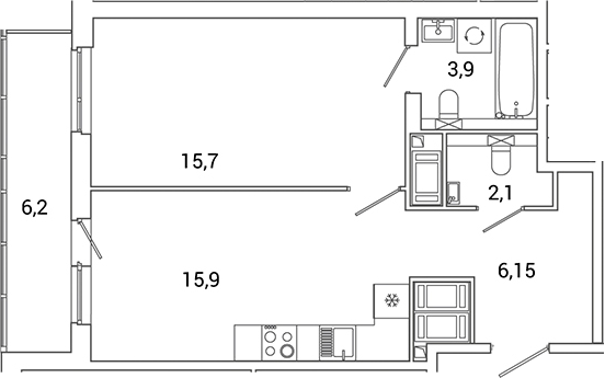 Планировка — Окла Вижн, 2-комн., 44 м²