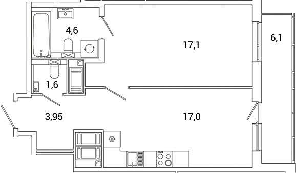 Планировка — Окла Вижн, 2-комн., 44 м²