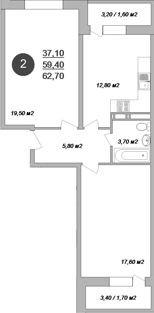 Планировка — Новые Островцы, 2-комн., 59 м²
