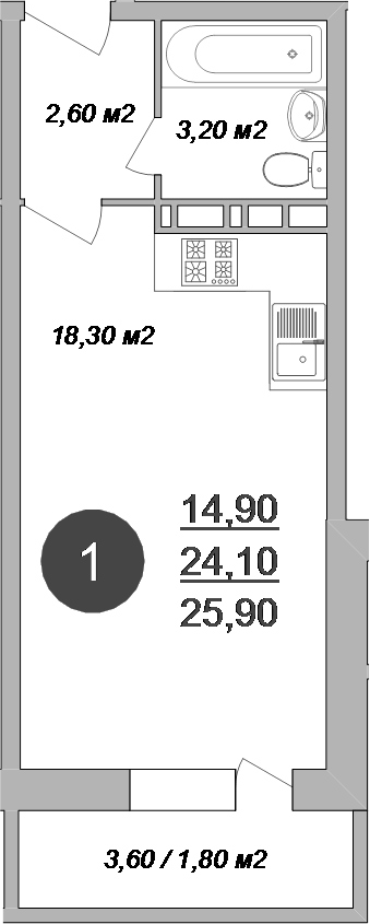 Планировка — Новые Островцы, Студия, 24 м²