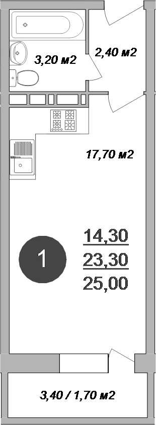 Планировка — Новые Островцы, Студия, 23 м²