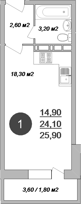 Планировка — Новые Островцы, Студия, 24 м²