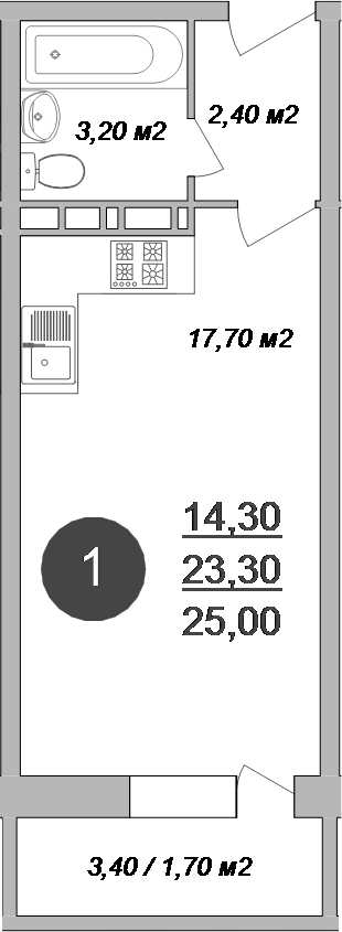 Планировка — Новые Островцы, Студия, 23 м²