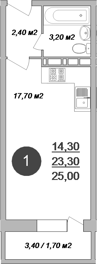 Планировка — Новые Островцы, Студия, 23 м²