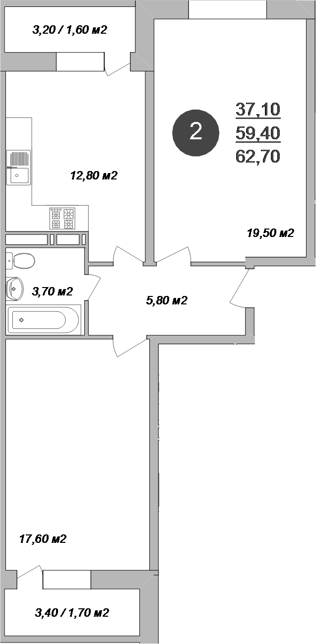 Планировка — Новые Островцы, 2-комн., 59 м²
