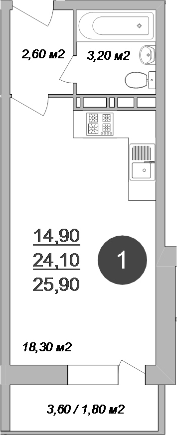 Планировка — Новые Островцы, Студия, 24 м²
