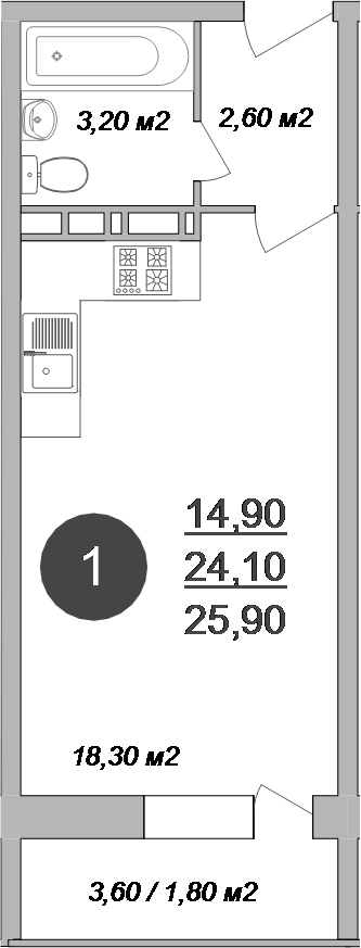 Планировка — Новые Островцы, Студия, 24 м²