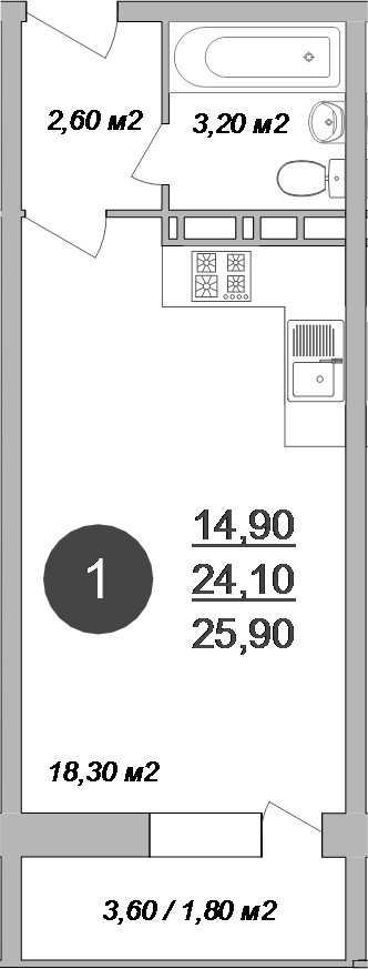 Планировка — Новые Островцы, Студия, 24 м²