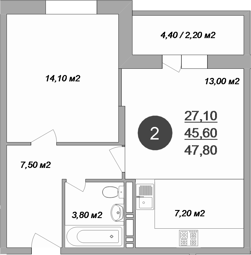 Планировка — Новые Островцы, 2-комн., 46 м²